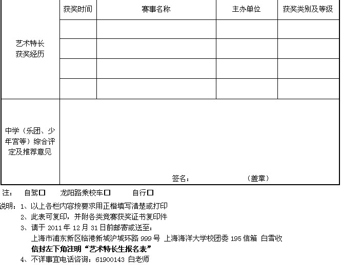 海海洋大学2012年艺术特长生冬令营报名表--高