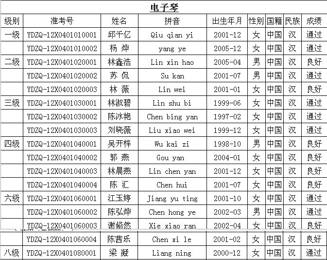 2012福建艺术职业学院夏季考级莆田市电子琴